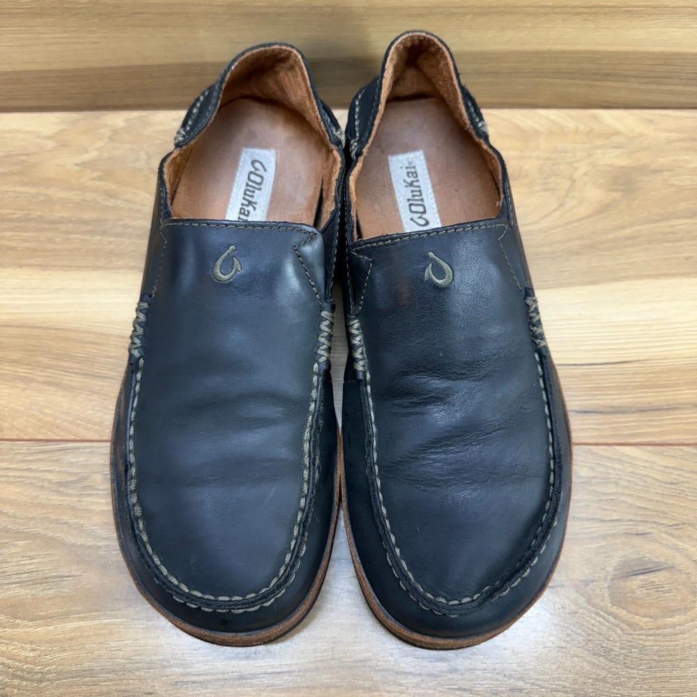 Olukai Moloa Moc Toe Loafer Mens 9 EU 42 Black Leather Convertible Casual Travel